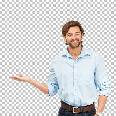 Buy stock photo Smile, business man and palm portrait with space for idea or advertising on a transparent, png background. Happy male model and hand gesture for choice, promotion or presentation for information  