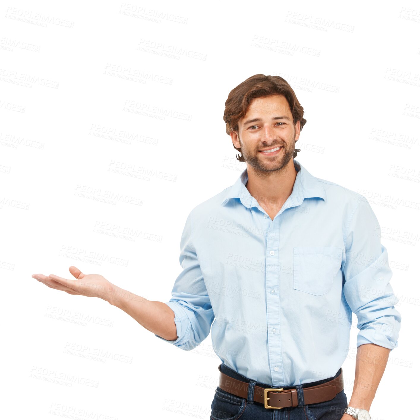 Buy stock photo Smile, business man and palm portrait with space for idea or advertising on a transparent, png background. Happy male model and hand gesture for choice, promotion or presentation for information  