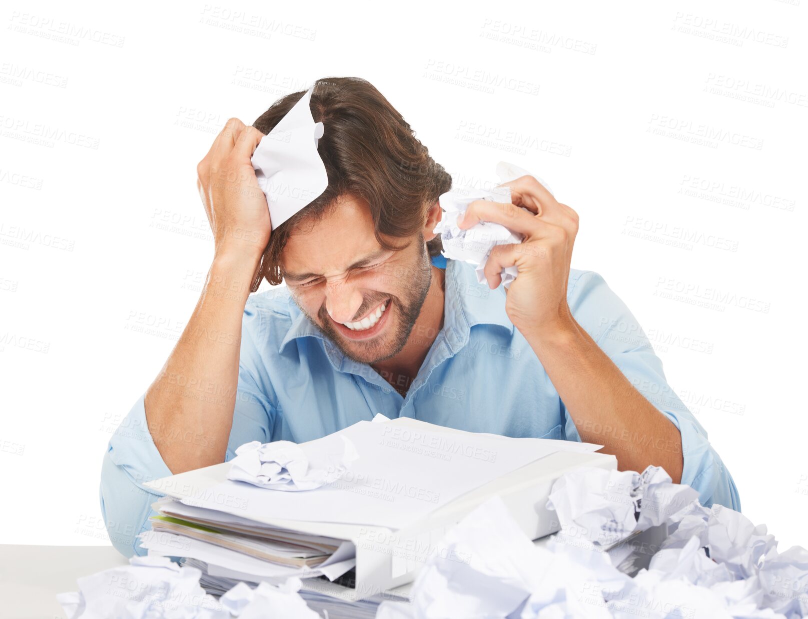 Buy stock photo Angry business man, frustrated and crumpled paper with shout, mistake and anxiety by png background. Isolated businessman, paperwork and documents with audit, burnout and stress on face at company