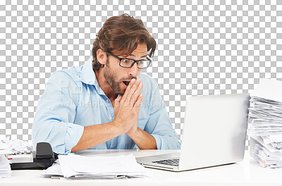 Buy stock photo Shocked, mistake and business man with laptop and glitch, paperwork or internet problem surprise. Male accountant with anxiety, technology fail and news email isolated on transparent, png background