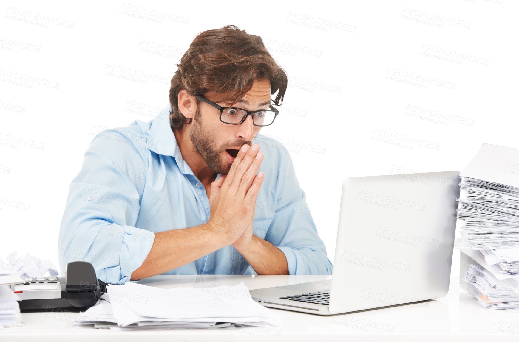 Buy stock photo Shocked, mistake and business man with laptop and glitch, paperwork or internet problem surprise. Male accountant with anxiety, technology fail and news email isolated on transparent, png background