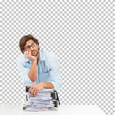 Buy stock photo Thinking, accountant and man with stack of folders isolated a on transparent png background. Stress, pile of documents and business person accounting with paperwork, overwork or deadline with burnout