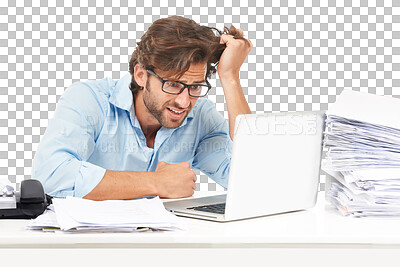 Buy stock photo Laptop, business man and stress or frustrated with admin, internet glitch or paperwork problem. Male accountant depression, burnout and technology crisis isolated on transparent, png background