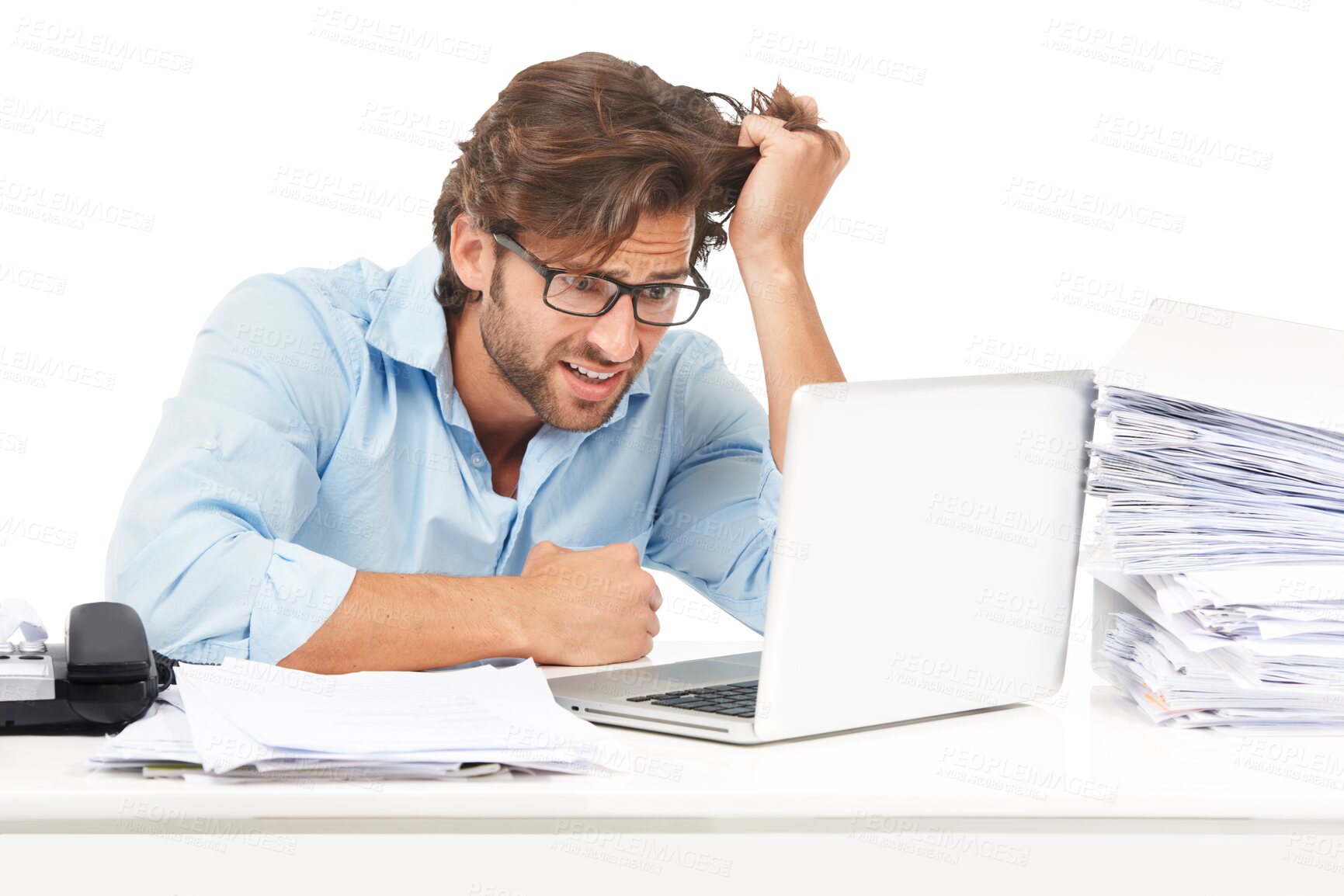 Buy stock photo Laptop, business man and stress or frustrated with admin, internet glitch or paperwork problem. Male accountant depression, burnout and technology crisis isolated on transparent, png background