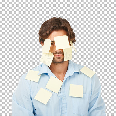 Buy stock photo Planning, stress and portrait of a businessman with paper for brainstorming corporate ideas. Strategy, schedule and male employee with sticky notes for plan isolated by a transparent png background.