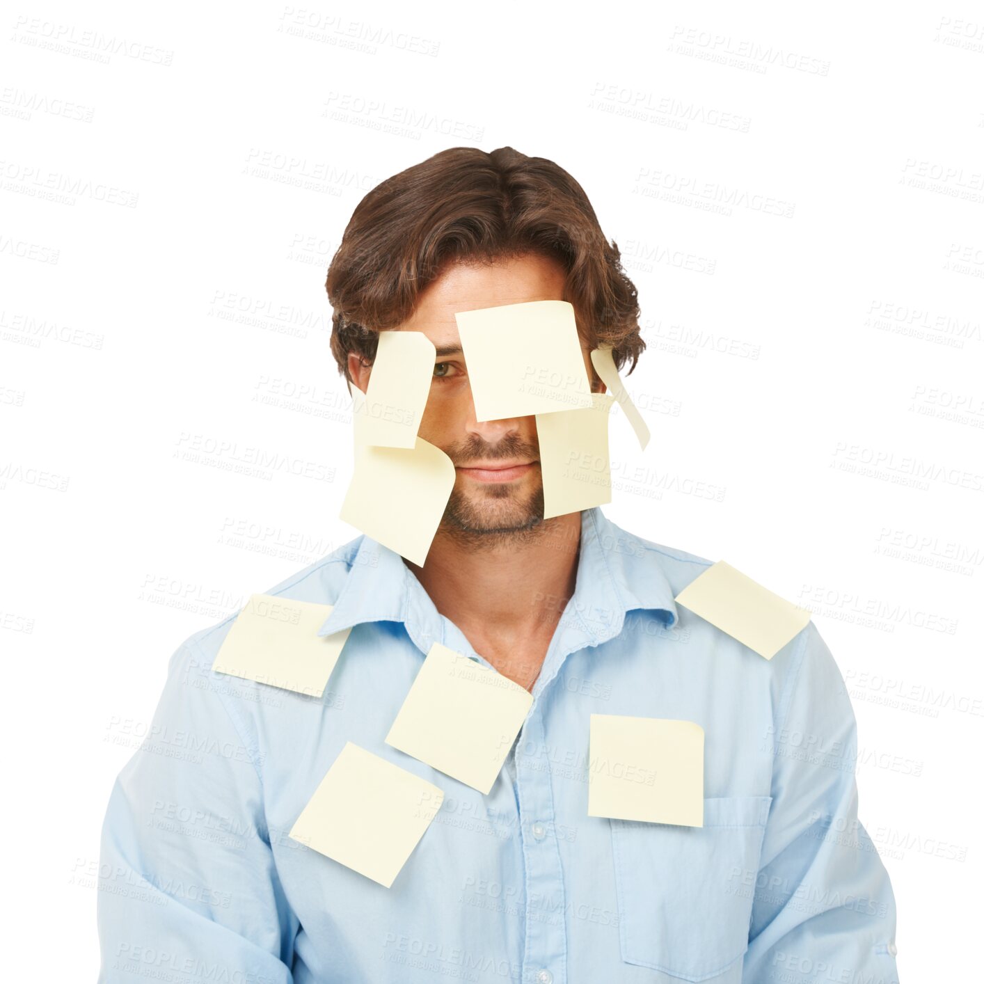 Buy stock photo Planning, stress and portrait of a businessman with paper for brainstorming corporate ideas. Strategy, schedule and male employee with sticky notes for plan isolated by a transparent png background.