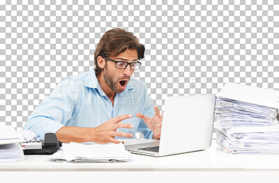 Buy stock photo Business man, stress and mistake on laptop with paperwork, glitch or internet problem. Male accountant with anxiety, crisis and tech for reading news email isolated on transparent, png background