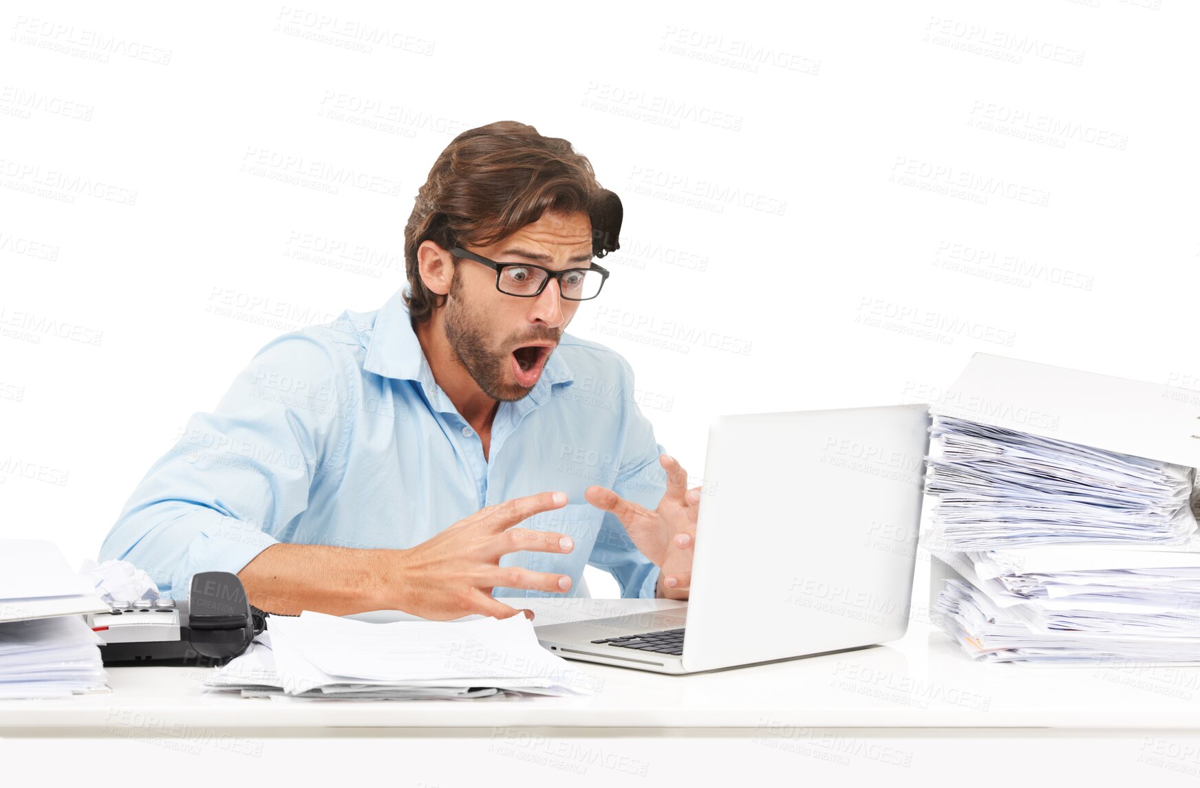 Buy stock photo Business man, stress and mistake on laptop with paperwork, glitch or internet problem. Male accountant with anxiety, crisis and tech for reading news email isolated on transparent, png background