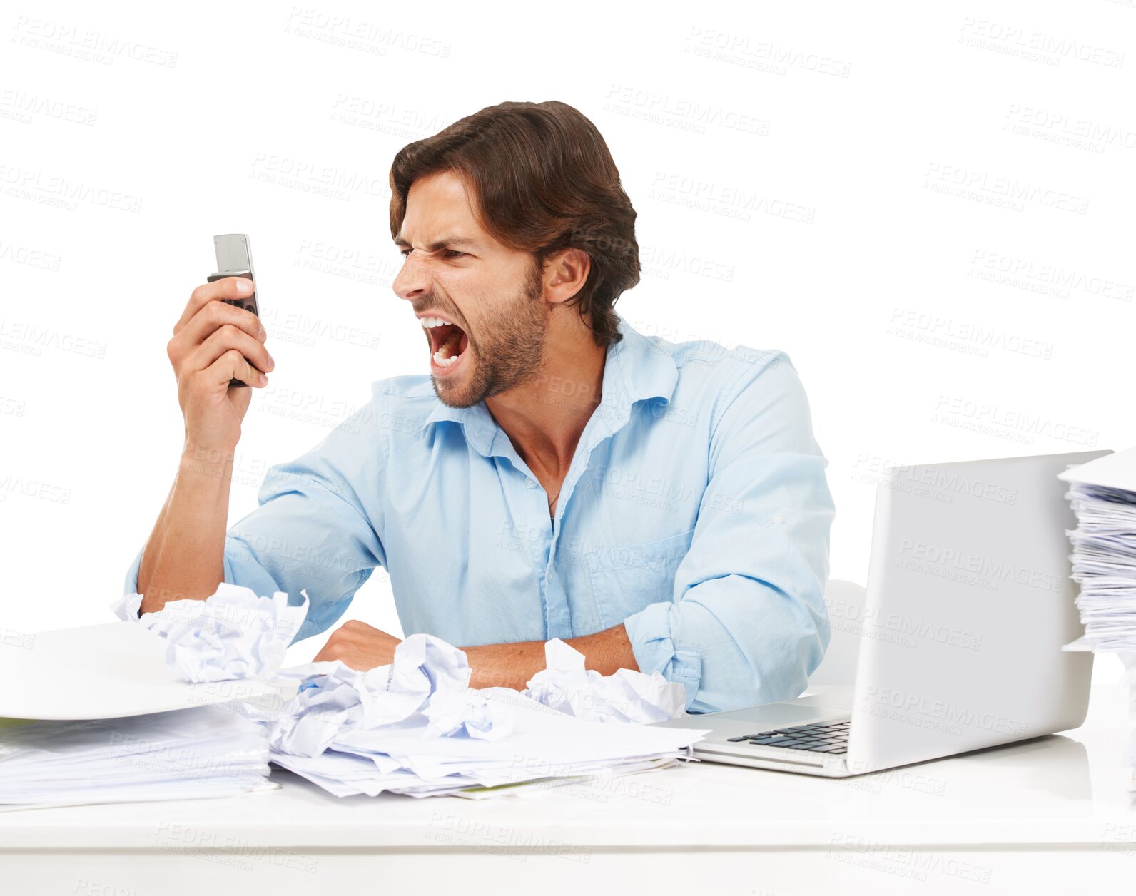 Buy stock photo Phone call, shout and angry business man yelling about bad tech or communication problem. Administration stress, paperwork or male accountant with anger isolated on a transparent, png background