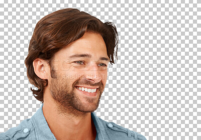 Buy stock photo Thinking, solution or happy man with smile or dreaming of a vision isolated on transparent png background. Wondering, daydream or thoughtful male person contemplating or dreaming of future ideas 