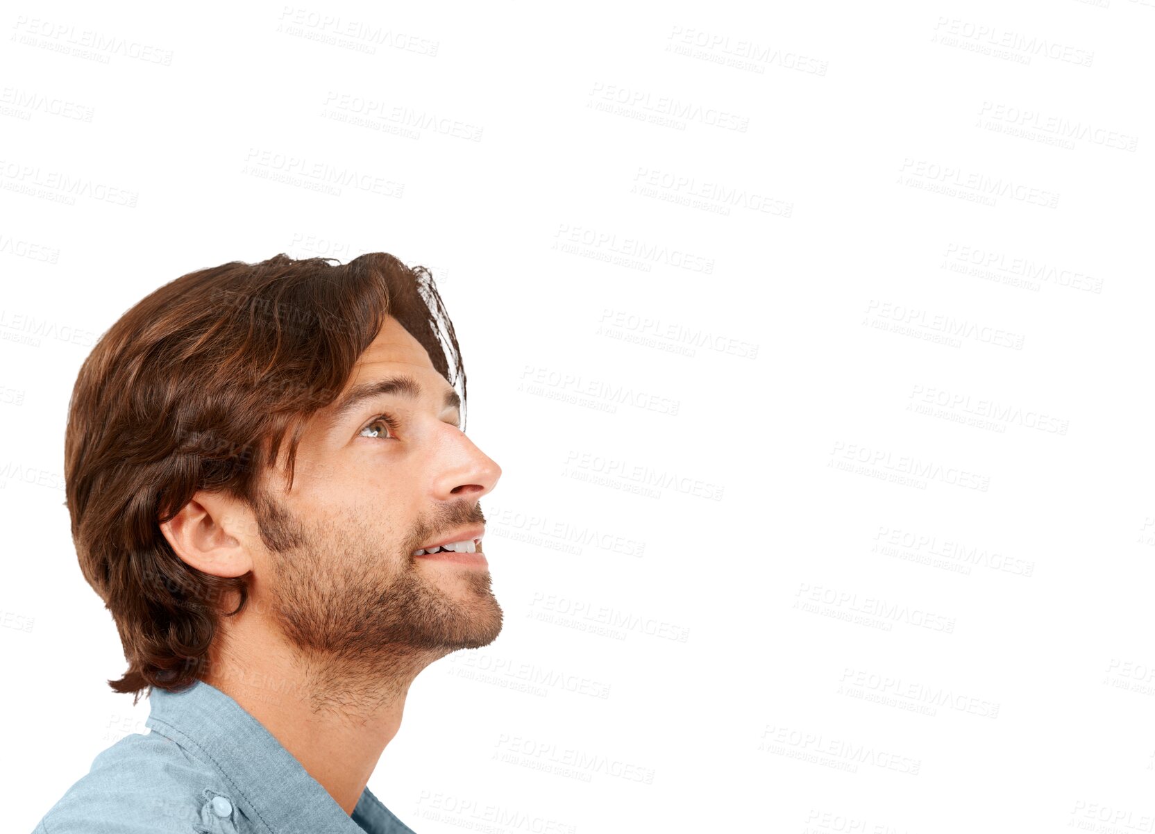 Buy stock photo Thinking, idea and face of man looking up on isolated, png and transparent background for vision. Brainstorming, wonder and profile of male person with question for news, information and announcement