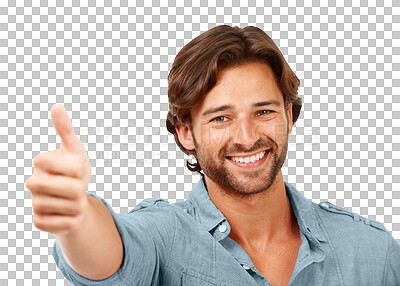 Buy stock photo Portrait, happiness and man with thumbs up for success isolated on a transparent png background. Hand gesture, smile and male person with like emoji for agreement, feedback or winning, approval or ok