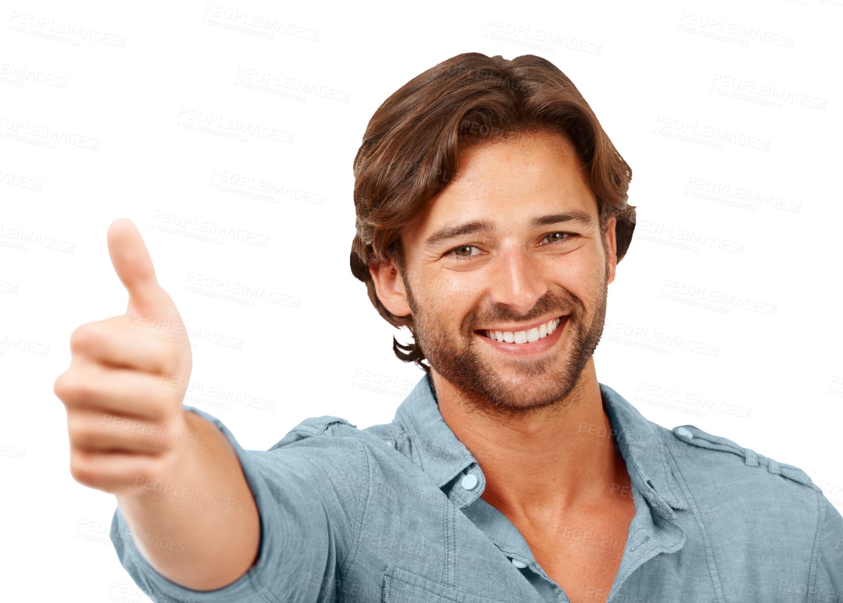 Buy stock photo Portrait, happiness and man with thumbs up for success isolated on a transparent png background. Hand gesture, smile and male person with like emoji for agreement, feedback or winning, approval or ok