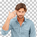 A helpless and hopeless man with an unhappy face and shooting gesture because of depression, stress, and sadness emerging suicidal thoughts depressed, stressed isolated on a png background.