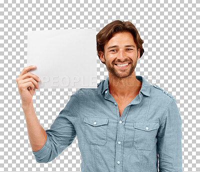 Buy stock photo Portrait, poster and happy man with space for advertising or idea on a transparent, png background. Male model person with billboard, banner or paper in hands for logo or brand sign announcement