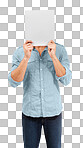 A man with a blank paper for marketing or sale, branding, mock-up sign, or a young person with a blank advertising poster in front of his face for advertisement isolated on a png background.