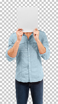 Buy stock photo Man, poster and covering face with space for advertising or idea on a transparent, png background. Male model person with billboard, banner or paper in hands for mockup, promotion or identity