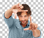 The smiling face of a male model with hands signs for focus or perspective frame with hands, for vision, innovation, fashion, creativity, and  isolated on a png background.