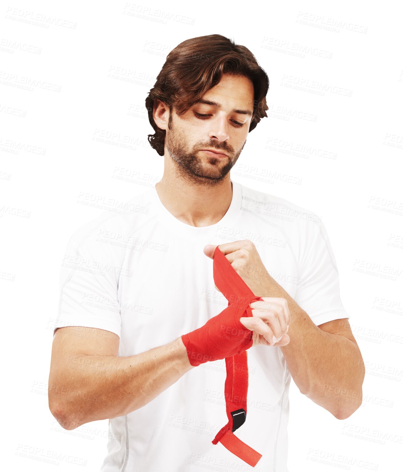 Buy stock photo Fitness, wrap and PNG with a kick boxing man isolated on a transparent background for sports training. Exercise, fighting and combat sport with a young male athlete wrapping his hand for protection