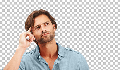 Buy stock photo Thinking, confused and PNG with a man isolated on a transparent background for contemplation. Idea, doubt and mind with a handsome young male contemplating a thought or decision while frowning