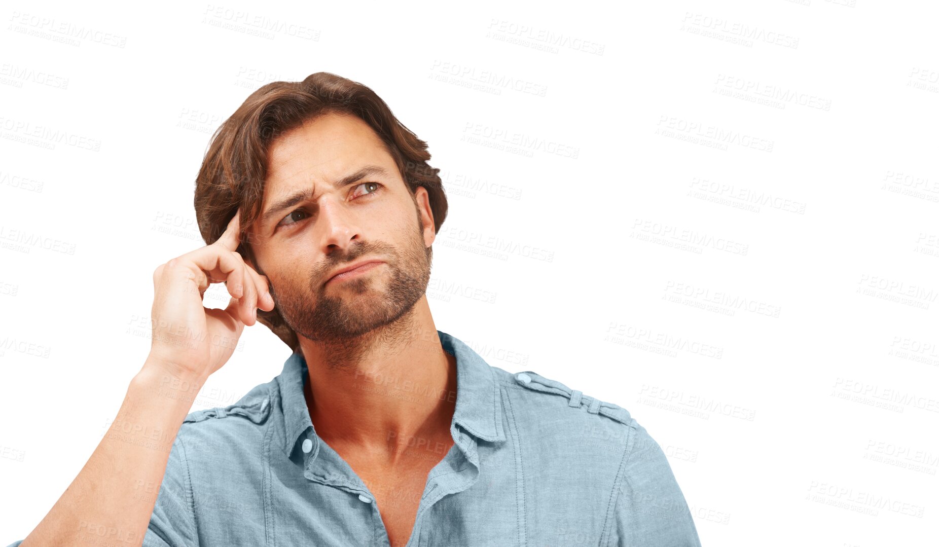 Buy stock photo Thinking, confused and PNG with a man isolated on a transparent background for contemplation. Idea, doubt and mind with a handsome young male contemplating a thought or decision while frowning