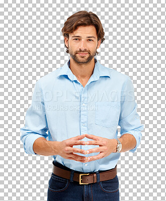 Buy stock photo Businessman, smile and portrait of a professional for work at a corporate job. Ready, hr and a male worker with happiness and hands together for recruitment isolated on a transparent png background