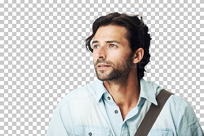 Buy stock photo Thinking, mindset and PNG with a man isolated on a transparent background contemplating a thought. Idea, mind and contemplation with a handsome young male pondering a decision about the future