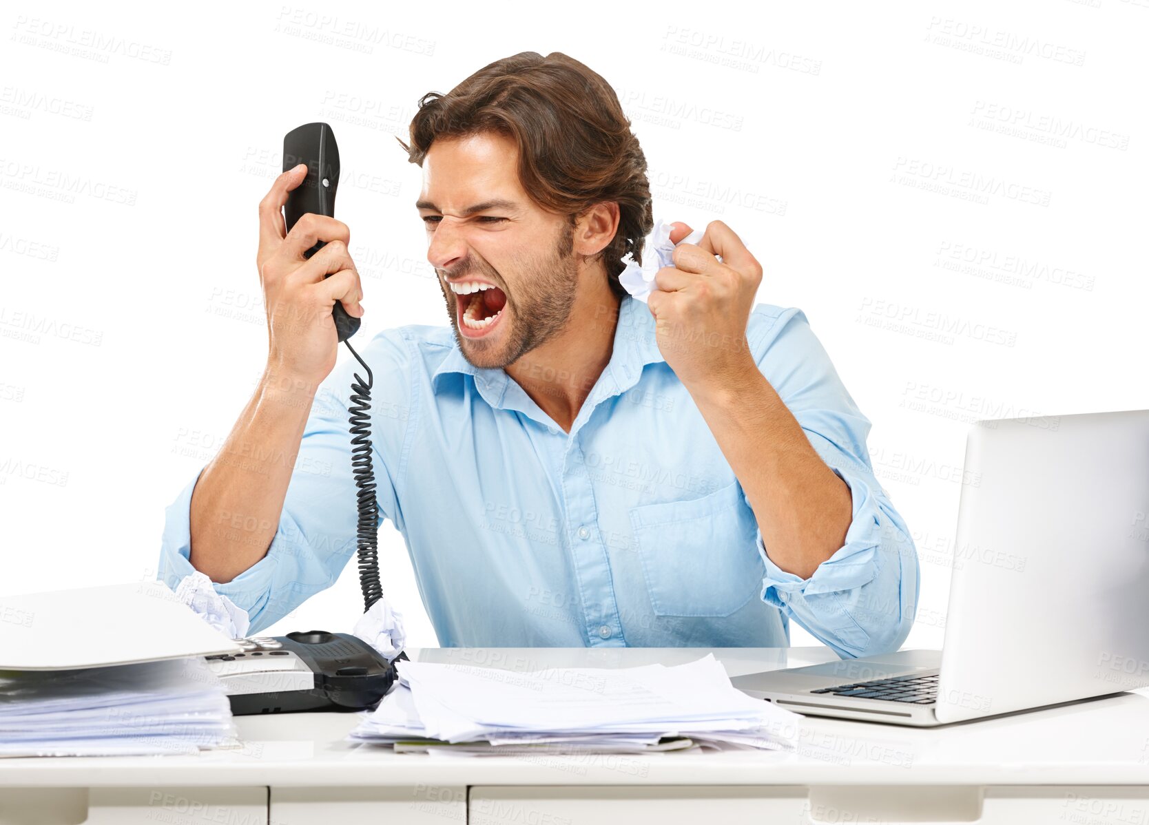 Buy stock photo Anger, telephone call and business man shouting over bad tech, service or communication problem. Administration, paperwork and stress or angry male accountant isolated on transparent, png background