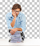 A burnout or a stressed businessman with a stack of paperwork on the desk for deadlines, corporate projects, reports, Ideas, and vision, thinking with a pile of files, papers, and documents on a desk isolated on a png background.