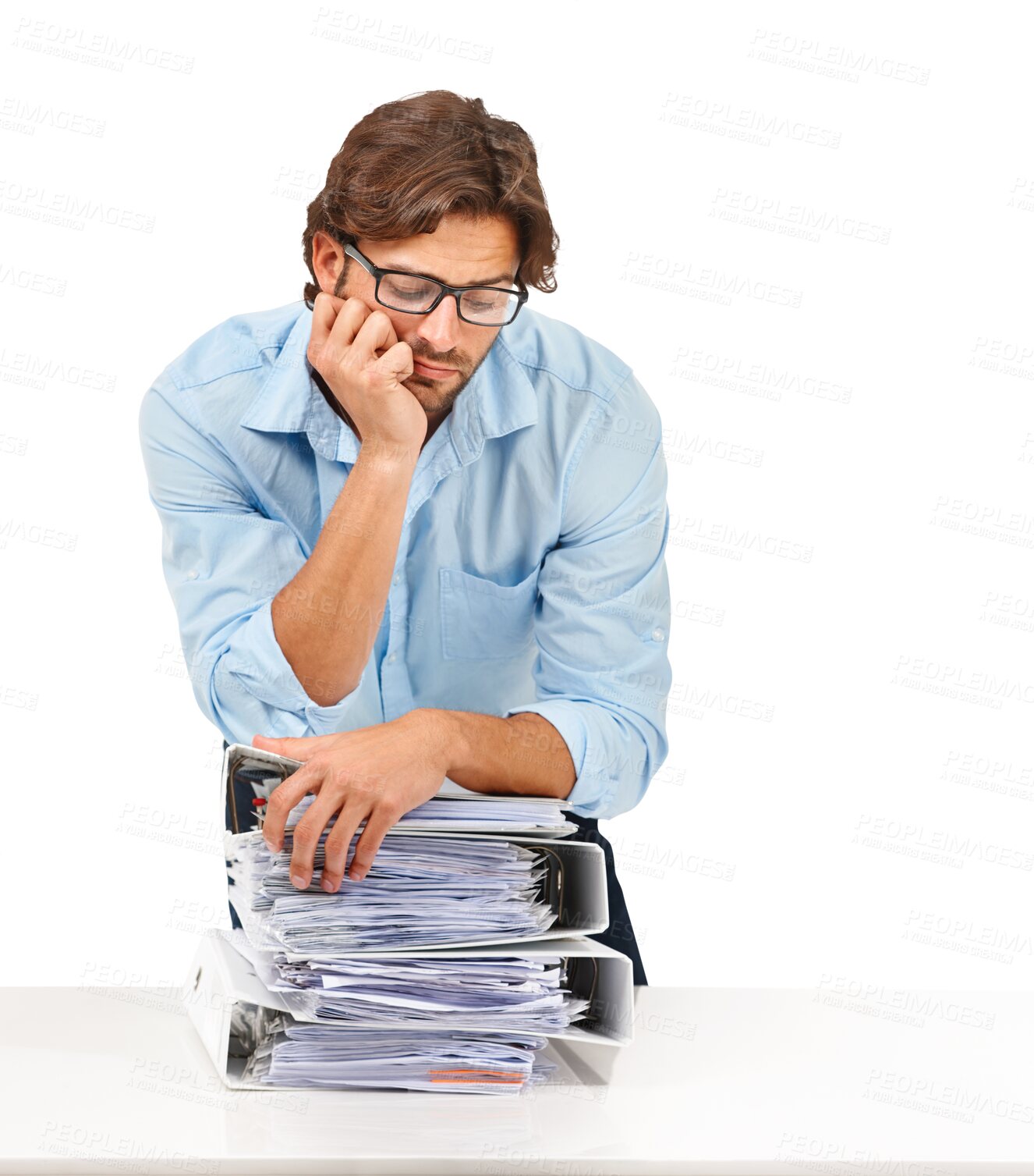 Buy stock photo Burnout, accountant and man with stack of paperwork isolated on a transparent png background. Fatigue, pile of documents and serious business person with folders for accounting, deadline or overwork.