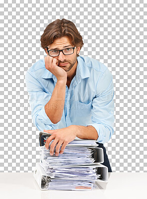 Buy stock photo Portrait, accountant and man with stack of paperwork isolated on a transparent png background. Glasses, pile of documents and serious business person with folders for accounting, deadline or overwork