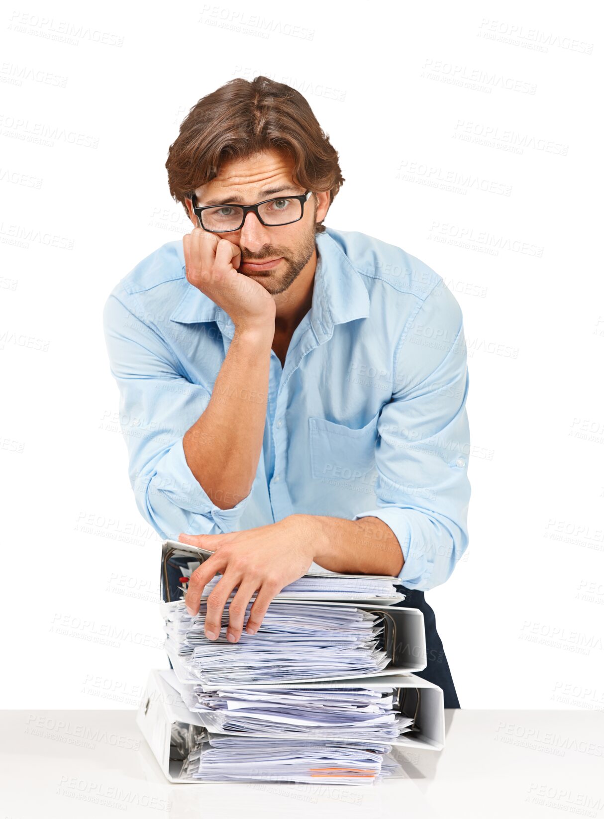 Buy stock photo Portrait, accountant and man with stack of paperwork isolated on a transparent png background. Glasses, pile of documents and serious business person with folders for accounting, deadline or overwork