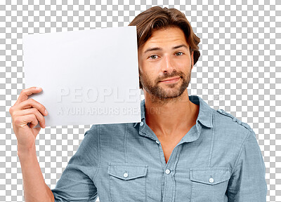 Buy stock photo Man, poster and portrait with space for advertising idea on a transparent, png background. Male model person with billboard, banner or paper in hands for choice, promotion or logo and branding sign