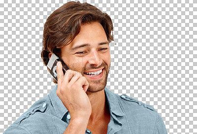 Buy stock photo Phone call, smile and man talking on a cellphone for discussion or communication with technology. Networking, happiness and male model on a mobile conversation isolated by transparent png background.