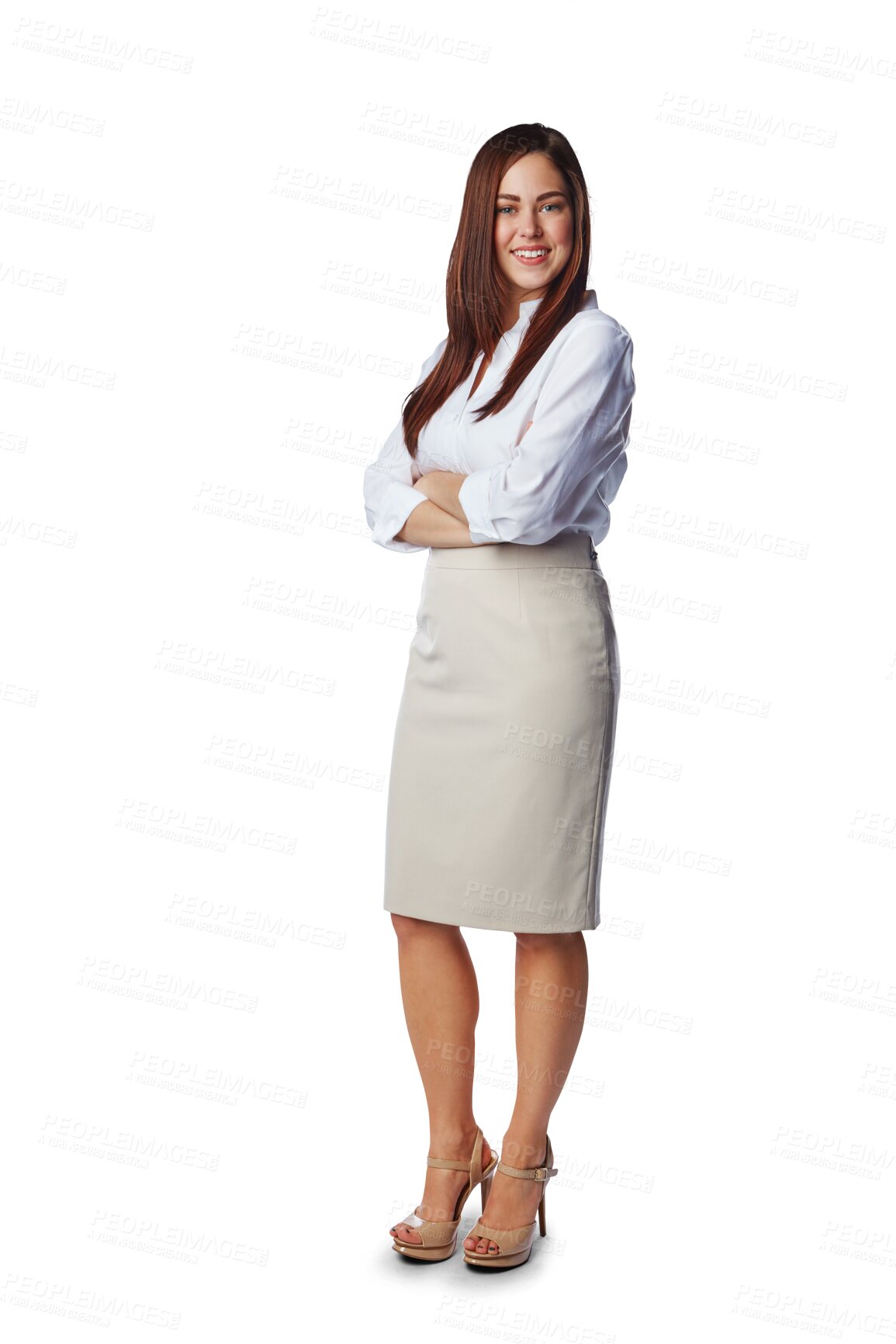 Buy stock photo Full body portrait of business woman, arms crossed and confidence isolated on transparent, png background. Happy female lawyer, pride and professional mindset, career success and corporate fashion