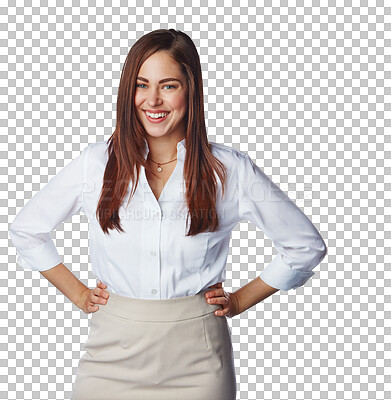 Buy stock photo Business portrait, happy woman and proud isolated on a transparent, png background for career leadership. Smile on face of a professional worker, employee or young person with job mindset and fashion