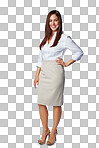 A Business woman, worker and portrait of a model happy about entrepreneur career and job. Corporate employee, person in professional clothes in a isolated on a png background