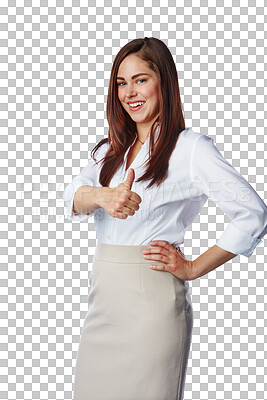 Buy stock photo Business woman, thumbs up and portrait isolated on transparent, png background for happy success, support or like. Young winner, model or professional person in yes, ok emoji and thank you hand sign
