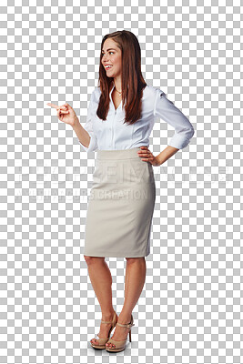 Buy stock photo Happy, business woman and pointing for advertising, news deal and isolated on a transparent png background. Female worker, marketing promotion and review of presentation, choice and offer coming soon