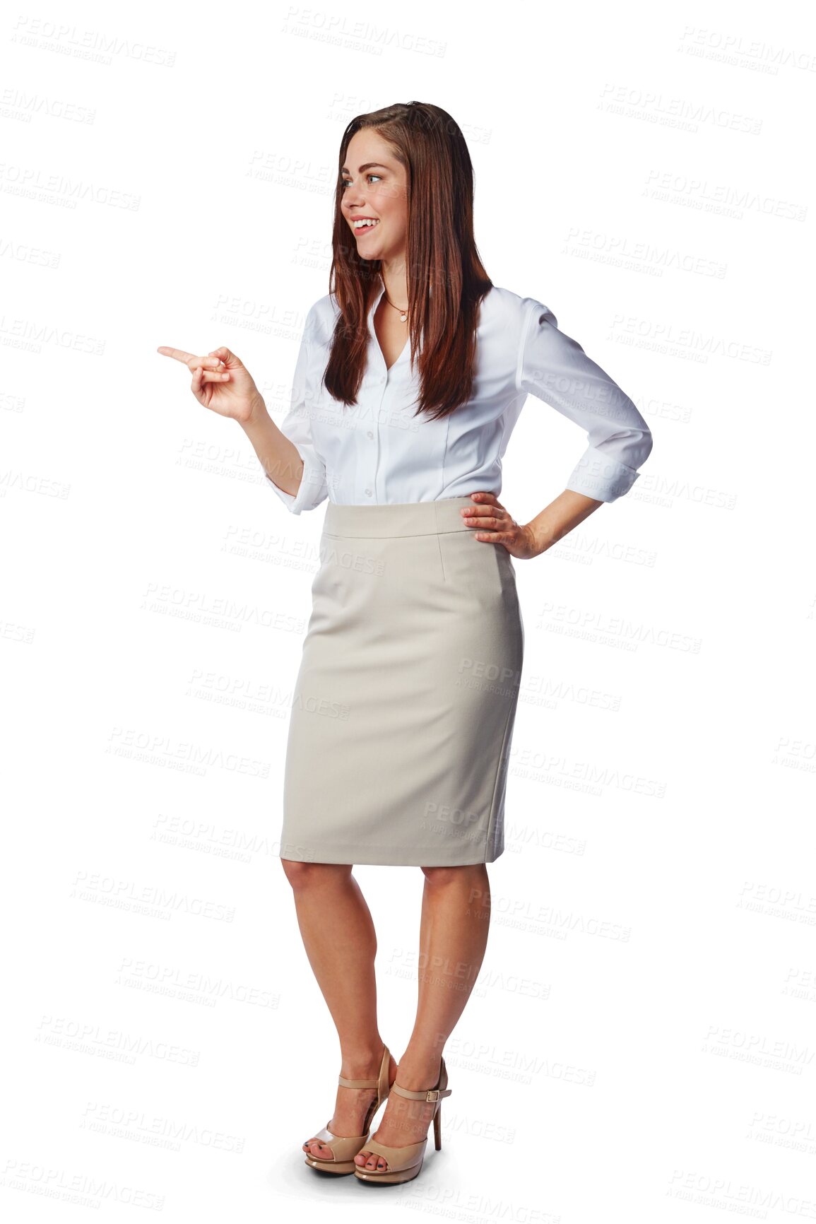 Buy stock photo Happy, business woman and pointing for advertising, news deal and isolated on a transparent png background. Female worker, marketing promotion and review of presentation, choice and offer coming soon