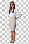 A Happy business woman, smile and standing in confidence for career ambition. Portrait of isolated female employee smiling and posing in formal wear on isolated on a png background