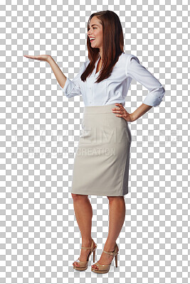 Buy stock photo Happy, business woman and hands for choice, offer and advertising sales information. Female worker, announcement and review of deal, launch and branding news isolated on a transparent png background 