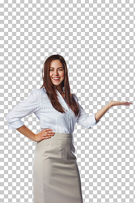 Buy stock photo Portrait, business woman and hands of promotion, information and sales offer coming soon. Happy female worker, announcement and advertising review, news or deal isolated on transparent png background