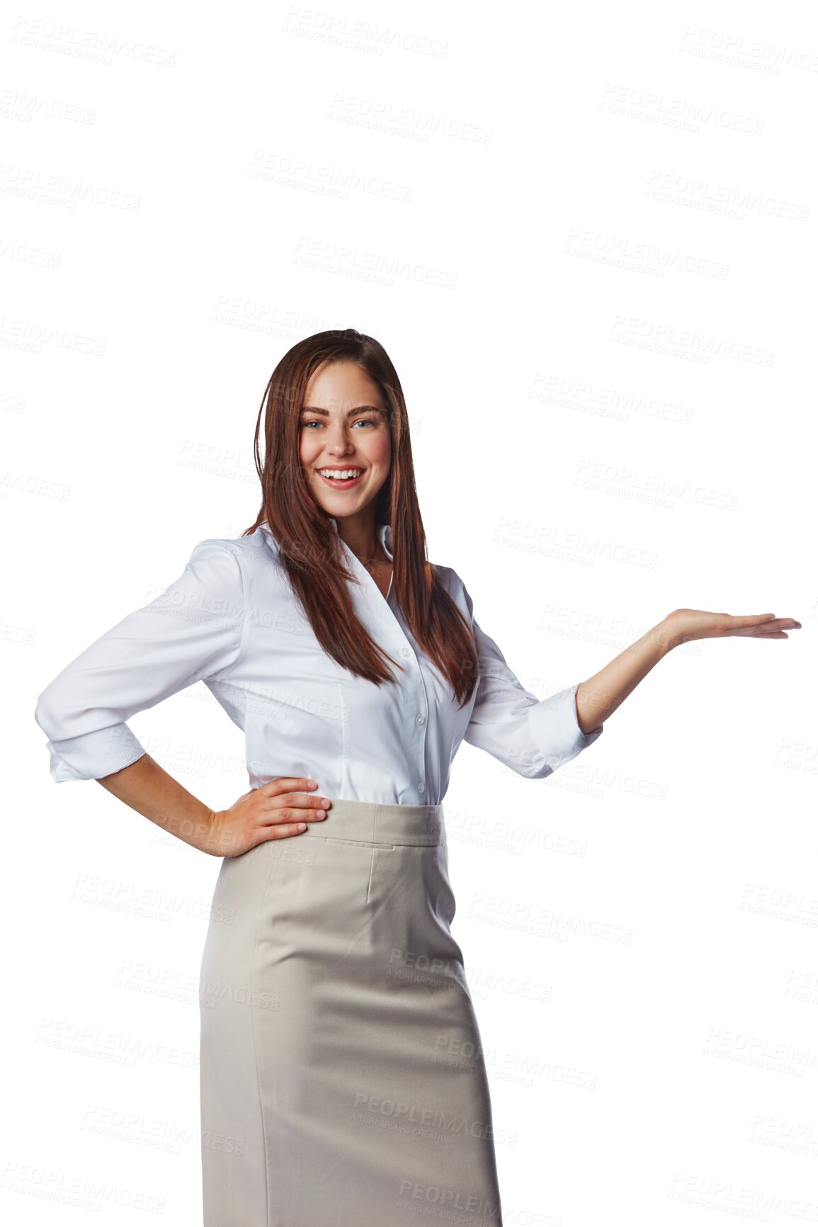 Buy stock photo Portrait, business woman and hands of promotion, information and sales offer coming soon. Happy female worker, announcement and advertising review, news or deal isolated on transparent png background