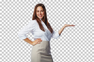 Buy stock photo Portrait, happy woman and advertising business information, sales offer and deal isolated on transparent png background.  Female worker, announcement and hands open for choice, decision and promotion