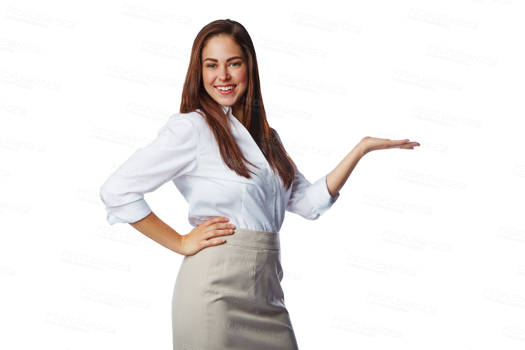 Buy stock photo Portrait, happy woman and advertising business information, sales offer and deal isolated on transparent png background.  Female worker, announcement and hands open for choice, decision and promotion