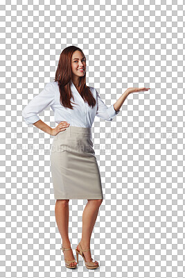 Buy stock photo Portrait, happy woman and advertising sales offer, business information and opinion. Female worker, announcement and hands to show choice, decision or promotion isolated on transparent png background