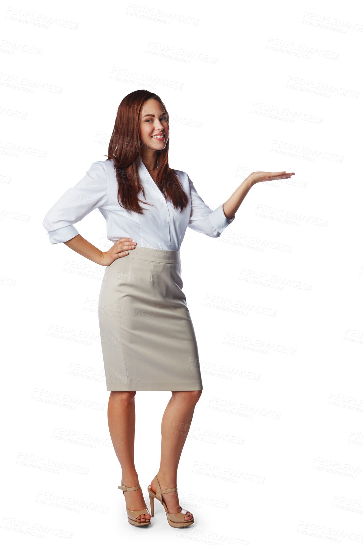 Buy stock photo Portrait, happy woman and advertising sales offer, business information and opinion. Female worker, announcement and hands to show choice, decision or promotion isolated on transparent png background