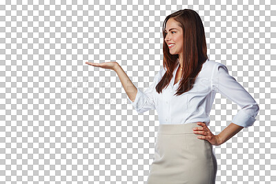 Buy stock photo Happy woman, advertising and hands open for offer, choice and information of business opportunity. Female worker, announcement and review of deal, launch and isolated on a transparent png background 