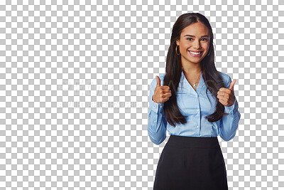 Buy stock photo Portrait, happiness and business woman with thumbs up isolated on a transparent png background. Hand gesture, smile and female entrepreneur with like emoji, ok or success, excellence and agreement.